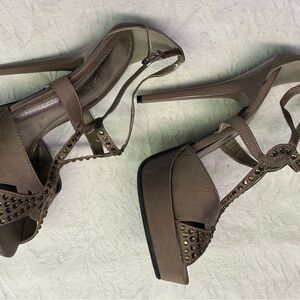 Sexy Rouge Helium Dark Taupe Satin Strappy Studded Stripper Stiletto Heels, 10!